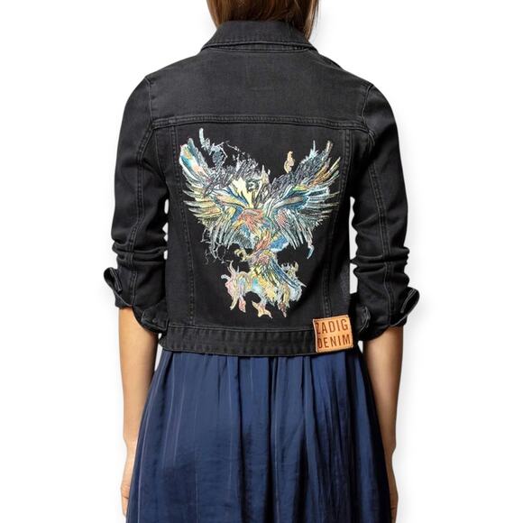 ZADIG & VOLTAIRE | XS | Kioky Eagle Distressed Grunge Denim Jacket In Noir - Picture 3 of 12